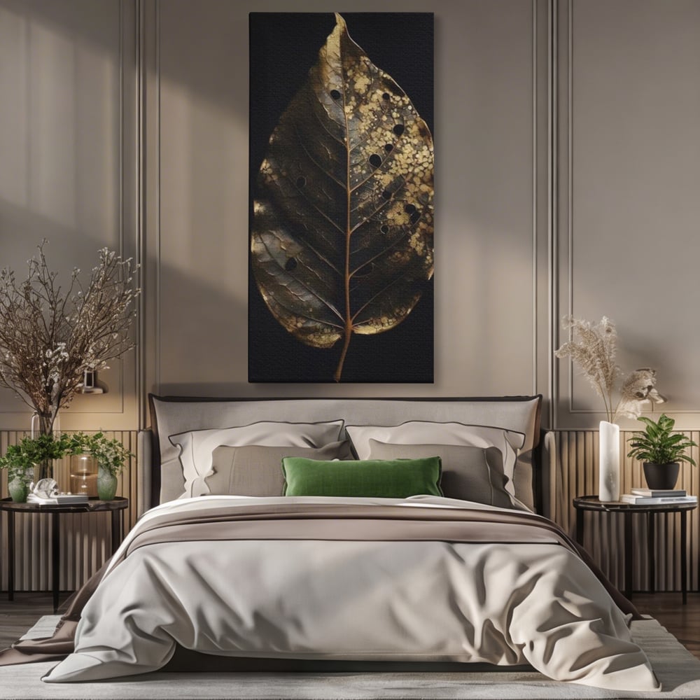 Tablou canvas cu tablou canvas cu frunza uscata, fara rama, pe sasiu de lemn, pe perete intr-un dormitor